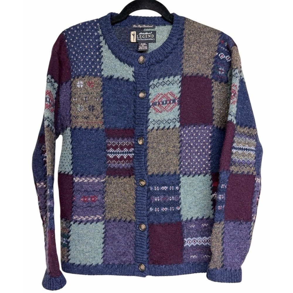 Eddie Bauer Legend‎ Cardigan Sweater 100% Wool Deer Bay Patchwork Women's Size S